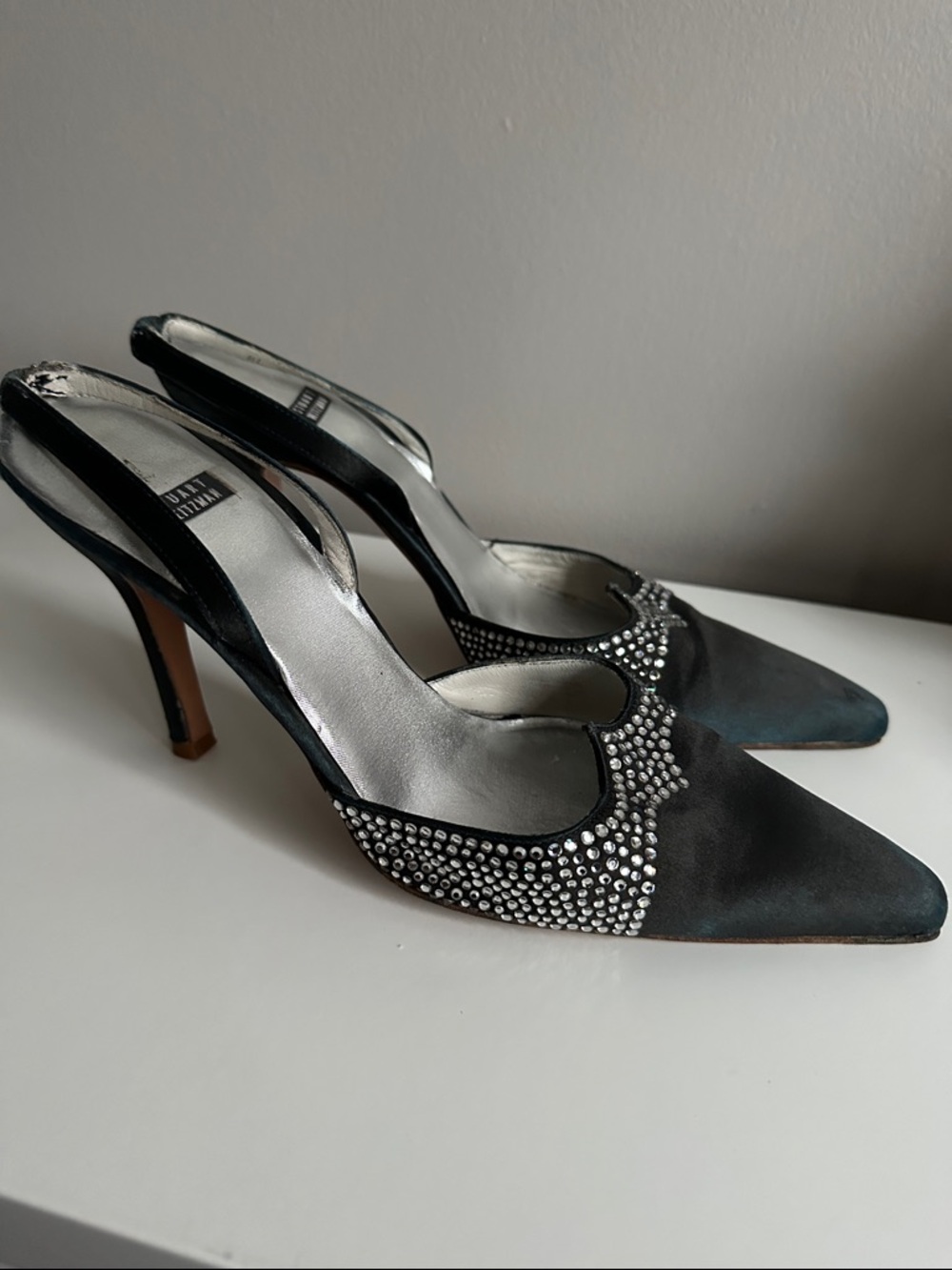 Stuart Weitzman Black Satin Pointed Slingback Heels with Crystal Trim